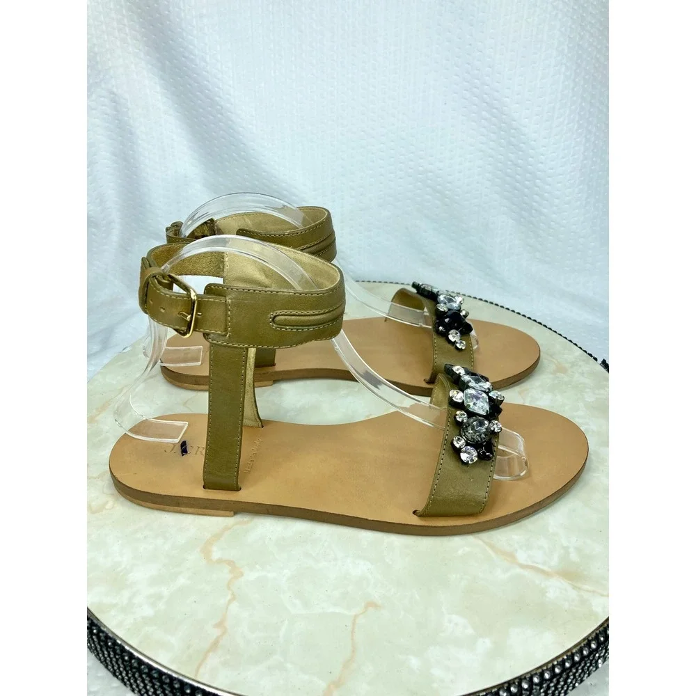 J. Crew Jeweled Ankle Strap Flat Sandals Womens 9.5 Olive Green Leather Summer